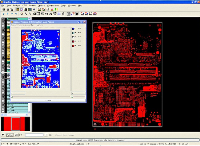 PCB copper distribution under DFM verification.