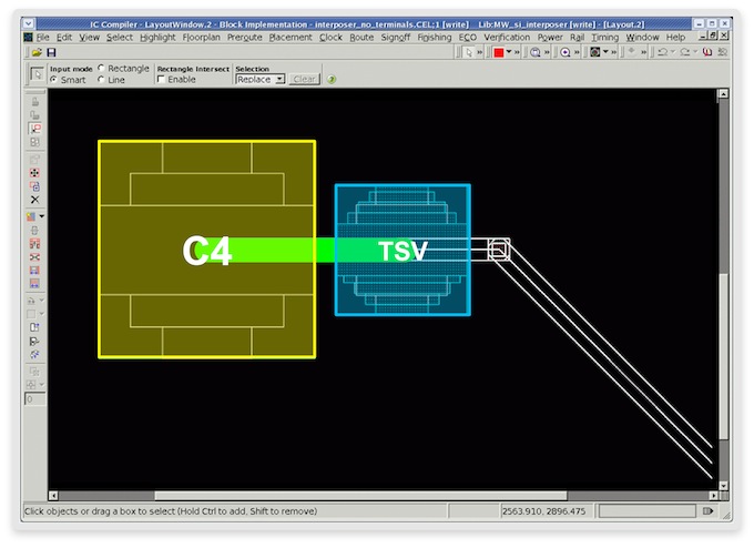 <em>Routing µbump to TSV (top side) to C4 bump (back side)</em> (Source: Synopsys)