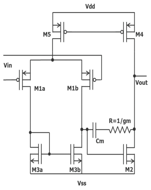 Schematic design of two-stage Miller OTA (biasing network not shown)