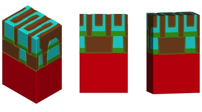 SEMulator3D Model of 48nm-pitch SADP BEOL with 10% thin spacer deposition, 10% sidewall coverage deficit and slightly aggressive lateral etch. The isometric view (at left) shows how adjacent lines behave differently due to spacer variations (grow/shrink). The cross-sectional view (centre) shows a risky 11.5nm insulator spacing at the top of adjacent line. The slight-tilt view (at rght) is included for completeness.