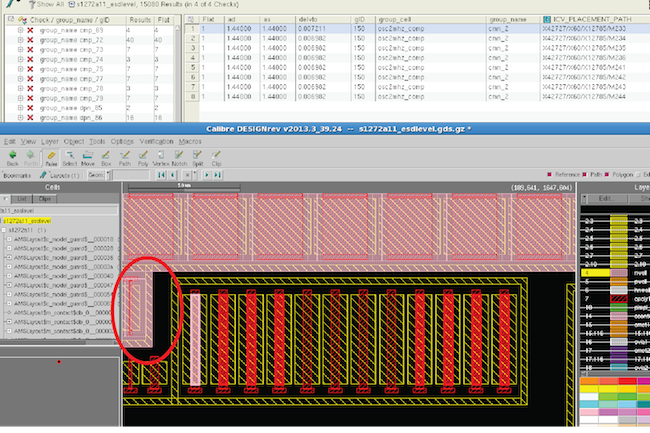 Figure 2c. Typical analog constraint error: Unmatched ‘delvto’ – inconsistent well proximity (Mentor Graphics)