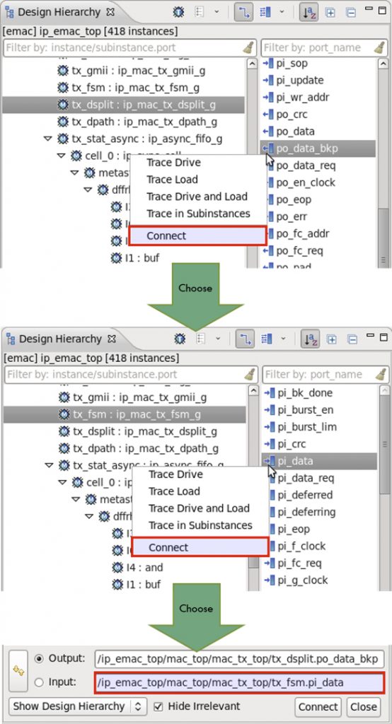 Figure 1: The IDE can connect two ports as specified by the user (AMIQ EDA).