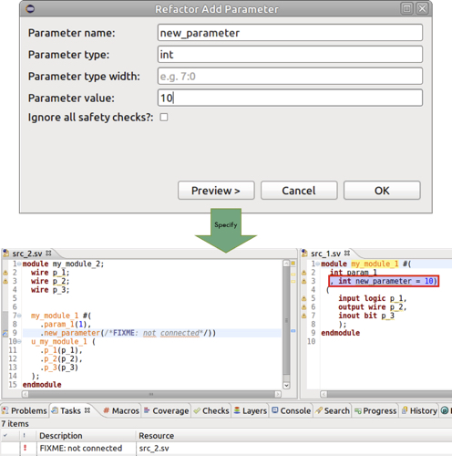 Figure 6: The IDE can add a parameter and highlight where updates are needed (AMIQ EDA).