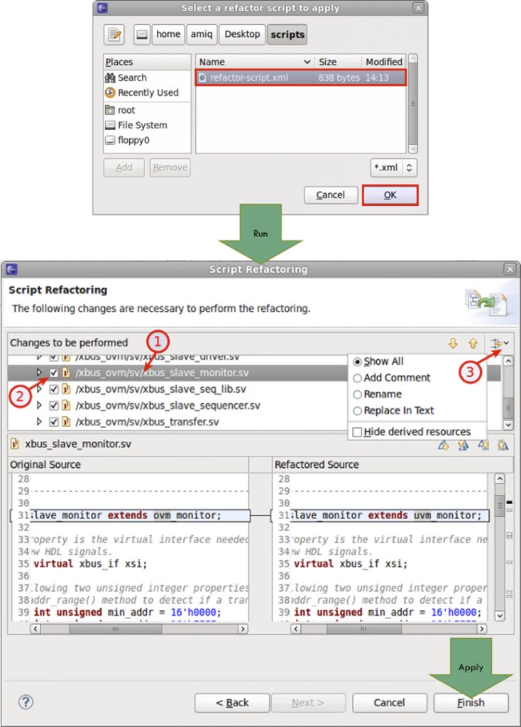 Figure 7: An IDE can apply a refactoring script with user review of changes (AMIQ EDA).