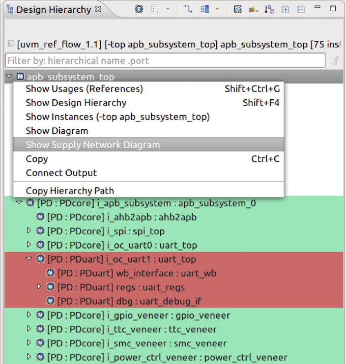 Figure 2. The IDE can color the design hierarchy to show power domains (AMIQ EDA)