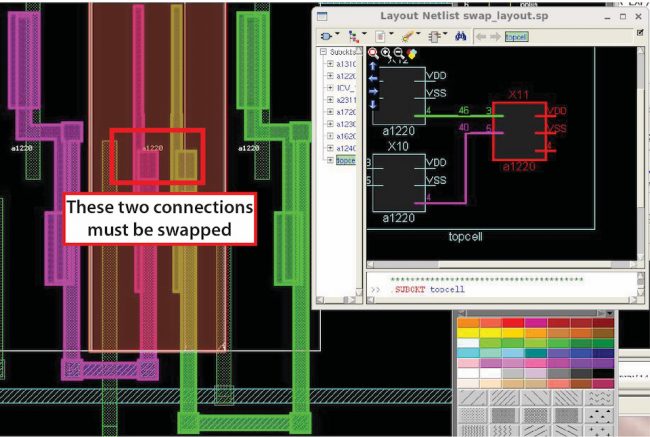 Viewing highlight in the layout viewer vs. the layout schematic viewer shows which connections must be swapped