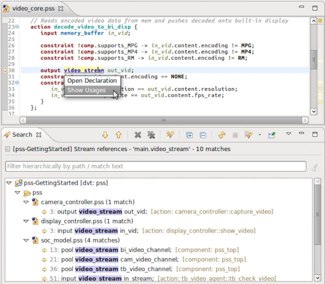 The IDE can trace a PSS stream and find all its usages (AMIQ EDA)