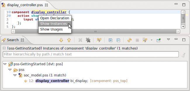 The IDE can search and display all instances of a component (AMIQ EDA)