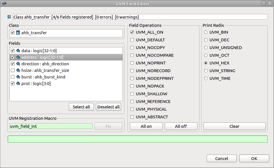 Figure 7: The IDE provides a wizard to control class and field registrations with the UVM factory (AMIQ EDA).