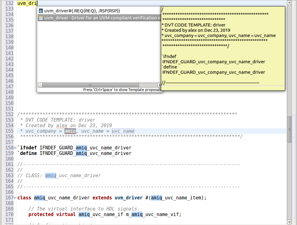 Figure 8: The IDE provides autocompletion templates for UVM components (AMIQ EDA).
