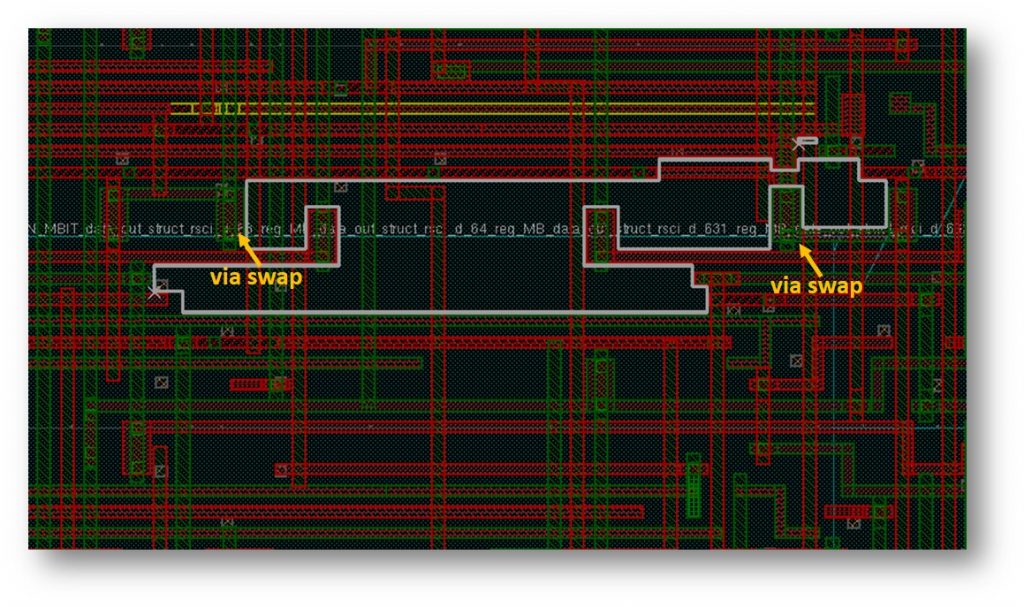 Figure 3. A single to multi-cut via swap causes an MP violation that can be manually fixed and immediately validated with signoff DRC confidence