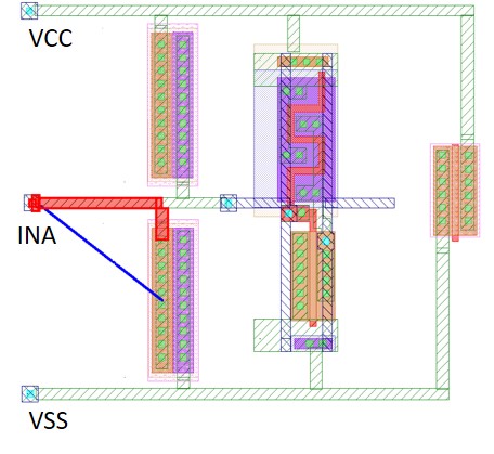 Figure 4. All polygon segments of an ESD path with a total resistance violation are highlighted (in red) in the layout viewer
