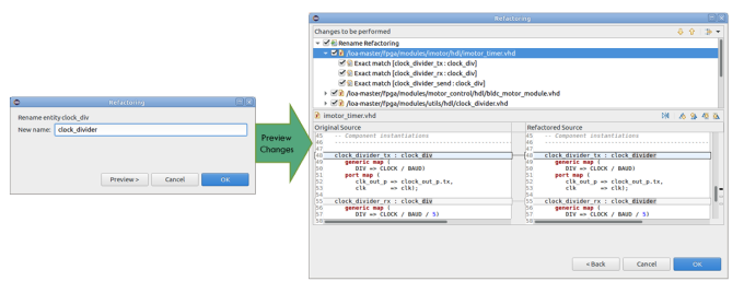 Figure 1. The IDE can easily rename a VHDL entity (AMIQ EDA - click to enlarge)