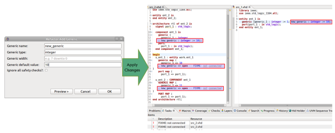 Figure 4. The IDE can add a new generic to an entity (AMIQ EDA - click to enlarge)