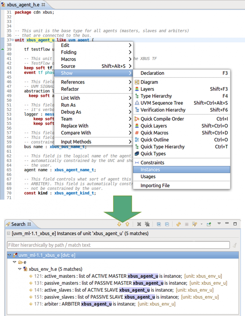 Figure 3. The IDE can find all instances of an entity (AMIQ EDA)