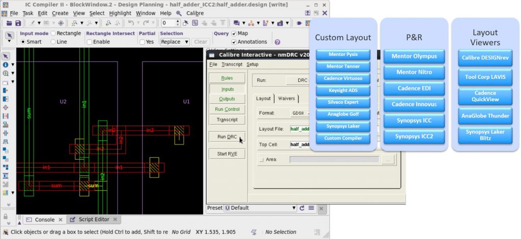 Figure 2. The Calibre Interactive GUI has the same look-and-feel across all tool integrations (Mentor)