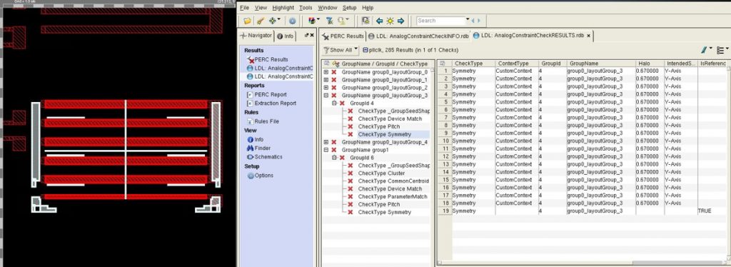 Figure 5. A snapshot showing results for symmetry, device matching, and common centroid checks from the Calibre PERC reliability platform (Siemens EDA – click to enlarge)