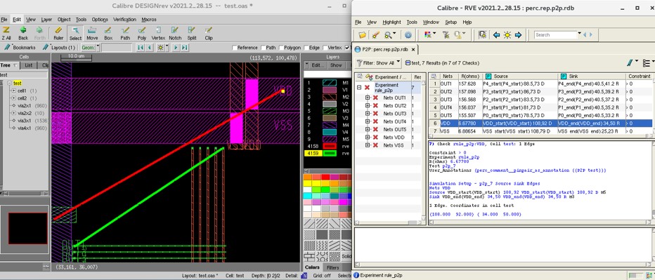 Figure 2. Coordinate-based P2P check results displayed in Calibre RVE results viewer (Siemens EDA)