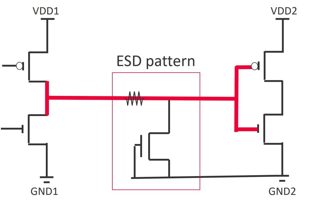 Figure 3. Cross power domain scenario with ESD protection device (ggnmos) (Siemens EDA)