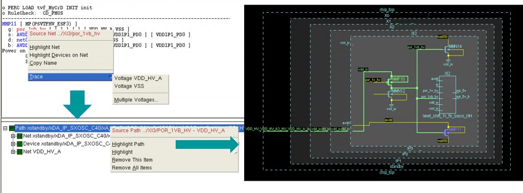 Figure 4. Highlight of a cross-power-domain violation where a gate is connected to one power domain, but the source/drain are connected to another power domain (Siemens EDA)