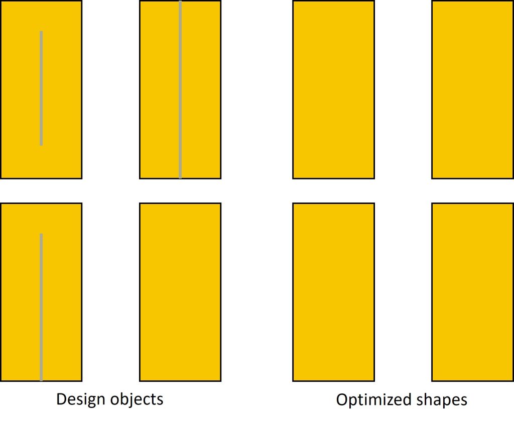 Figure 2. Path objects in the design database may have a variety of defined endcaps (1/2 width, flush, or extended), which are interpreted as optimized polygons in traditional LVL flows (Siemens EDA)