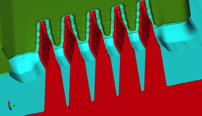 3D image mid-process before source/drain epitaxy showing unmerged fins (Source: Coventor)