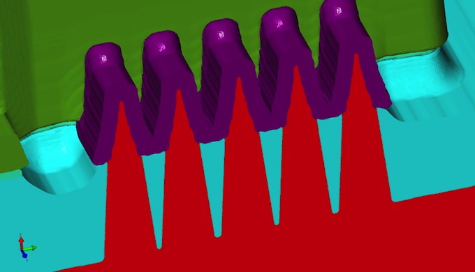 3D image mid-process after source/drain epitaxy, showing merged fins (Source: Coventor)