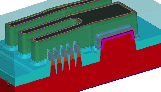 3D Image showing FinFET transistors integrated with wide planar device for analog or passive applications (Source: Coventor)